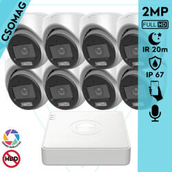 Hikvision 8 turret kamerás analóg megfigyelőrendszer 2MP biztonsági kamera, ColorVu Dual-light látható fény 20m, beépített mikrofonnal, kültéri (DS7108HGHIM1T-DS2CE70DF0TLMFS28MM-TURRET-8)