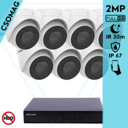 Hikvision 7 turret kamerás IP megfigyelőrendszer 2MP HD turret biztonsági kamera, 2.8 mm-es fix objektívvel, PoE, beépített mikrofonnal, IR LED 30m, kültéri, fém ház (DS7108NIQ18PM-DS2CD1321I28MMF-TURRET-7)