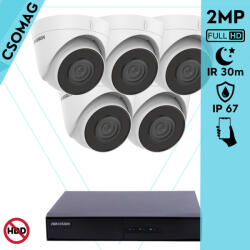 Hikvision 5 turret kamerás IP megfigyelőrendszer 2MP HD turret biztonsági kamera, 2.8 mm-es fix objektívvel, PoE, beépített mikrofonnal, IR LED 30m, kültéri, fém ház (DS7108NIQ18PM-DS2CD1321I28MMF-TURRET-5)