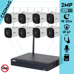 Dahua 8 cső kamerás WIFI megfigyelőrendszer 2MP cső biztonsági kamera, 2.8 mm-es fix objektívvel, beépített WiFi antennával és mikrofonnal, microSD kártyafoglalat, infravörös éjjellátó, IR 30m, kültéri (NVR