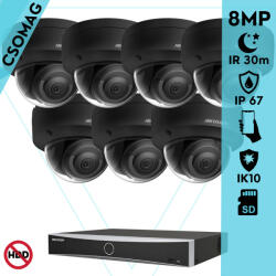 Hikvision 7 dome kamerás IP megfigyelőrendszer 8MP dome biztonsági kamera, AcuSense, 2.8 mm-es fix objektívvel, PoE, P2P, IR LED 30m, fekete fém ház, kültéri, IK10 vandálbiztos (DS7608NXIK18PD-DS2CD2183G2IS28MM