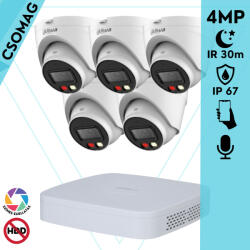 Dahua 5 turret kamerás IP megfigyelőrendszer 4MP HD turret biztonsági kamera, 2.8 mm-es fix objektívvel, PoE, beépített mikrofonnal, színes éjszakai kép, kültéri (NVR21088PS3-DHIPCHDW1439VPAIL0280B-TURRET-5