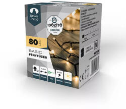 DekorTrend KDT 081 WW Kültéri elemes Basic LED fényfüzér timer időzítő funkcióval, 80 db MELEG FEHÉR LED-del, zöld kábel, 640 cm