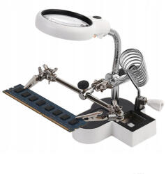 Harmadik kéz paneltartó, LED-es nagyítóval, 2 db csipesszel és pákatartóval, 6, 5 cm + 1, 7 cm lencse, 4, 5x/11x nagyítás, 2 db LED, USB-ről vagy 3 db AAA elemmel működik, állítható, fém+ABS (HOP10018