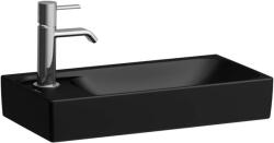 Laufen MEDA Kézmosó 46 × 23, 5 cm, aszimmetrikus, bal oldali armatúrapaddal, túlfolyónyílás nélkül, 1 csaplyukkal, Matt Fekete H8151147161131 (H8151147161131)