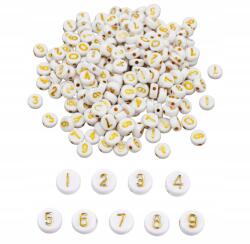 Mixform Akril gyöngyök Számok, Lapos Kerek, Fehér/Arany, 7x4mm, 25g~160 db (13WB31305)