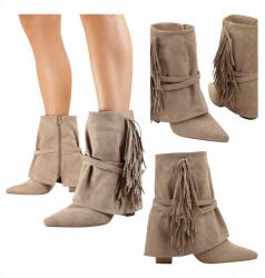 Seastar Női Boho Magassarkú Bokacsizmák Cowboycsizmák Bőr Rojtos Velúr Bézs 38 (2517A beżowe klasyczne kowbojki z frędzlami)