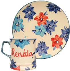 BögreManufaktúra Feliratos neves Kék virágos bögre és reggeliző tányér