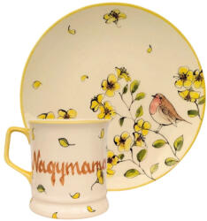 BögreManufaktúra Feliratos neves Tavaszi madárkás bögre és reggeliző tányér