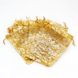 Ajándéktasak, Organza, Virágmintás, Arany, 15x10cm, 10db (Organza z ściągaczem 10*15)