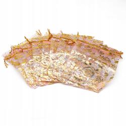 Ajándéktasak, Organza, Rózsamintás, Rózsaszín, 12x10cm, 10db (13WB24921)