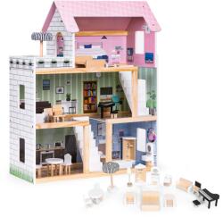 ECOTOYS Casuta de Papusi Ecotoys, lemn, 3 etaje, terasa, mobilier, 15 piese, multicolor Casuta papusi
