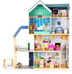 ECOTOYS Casuta de Papusi Ecotoys, Maya, lemn, 3 etaje, terasa, mobilier, multicolor Casuta papusi