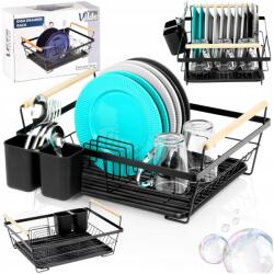 Vilde edényszárító, fekete fém, 45cm, kivehető tálca, evőeszköztartó, fa fogantyúk (5904316490843)