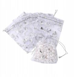  Organza ajándéktasak, szív mintás, fehér, 12x10cm, 20db
