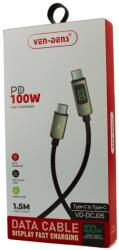Ven-Dens VD-DCJ05, USB-C apa- apa, 1.5 m, 100 W, PD, Fekete, Kijelzős Gyorstöltő Adatkábel (VD-DCJ05)