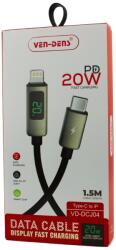 Ven-Dens VD-DCJ04, USB-C apa- Lightning apa, 1.5 m, 27 W, PD, Fekete, Kijelzős Gyorstöltő Adatkábel (VD-DCJ04)
