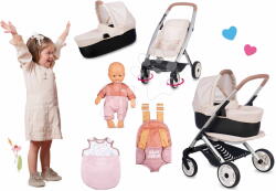 Smoby Set cărucior combinație triplă cu păpușă Puschair Sandy Maxi Cosi&Quinny Smoby 32 cm cu ochișori adormiți și pijama (SM253122-7)