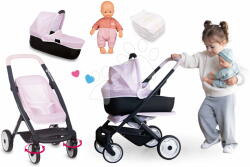 Smoby Set cărucior combinație triplă cu păpușă în șalopetă Puschair Pink Maxi Cosi&Quinny Smoby cu ochi adormiți și scutece (SM253121-4)