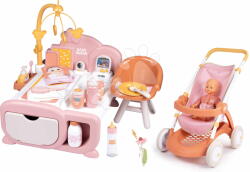 Smoby Set căsuță pentru păpușă cu cărucior sport Cocoon Nursery Soft Baby Nurse Smoby electronică cu păpușă de 32 cm în salopetă (SM220393-10) Papusa