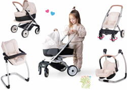 Smoby Set cărucior combinație triplă Puschair Sandy Maxi Cosi&Quinny Smoby cu scaun de masă leagăn și scun mașină (SM253122-1)