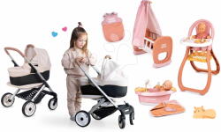 Smoby Set cărucior combinație triplă și leagăn Puschair Sandy Maxi Cosi&Quinny Smoby cu scaun de masă și cădiță cu sac de dormit (SM253122-11)