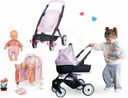 Smoby Set cărucior combinație triplă cu păpușă în duș Puschair Pink Maxi Cosi&Quinny Smoby cu duș funcțional și biberon (SM253121-10)