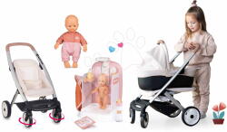 Smoby Set cărucior combinație triplă cu păpușă în duș Puschair Sandy Maxi Cosi&Quinny Smoby cu duș funcțional și biberon de hrănire (SM253122-10)