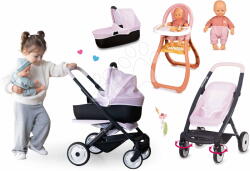Smoby Set cărucior combinație triplă cu scaun de masă Puschair Pink Maxi Cosi&Quinny Smoby și păpușă de 32 cm cu corp moale în șalopetă (SM253121-5)