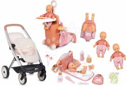 Smoby Set cărucior cu păpuși gemene la plimbare Twin Pushchair Sandy Maxi Cosi&Quinny Smoby și valiză cu marsupiu în geantă (SM253222-2)