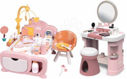 Smoby Set căsuță pentru păpușă cu măsuță cosmetică Cocoon Nursery Soft Baby Nurse Smoby zonă de zi și de noapte cu 16 accesorii (SM220393-8) Papusa