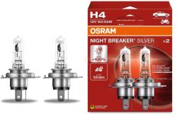 OSRAM Night Breaker Silver H4 autólámpa, akár 100% több fény, 130 méteres fénykéve, hosszú élettartam, 1650/1000 lumen (4062172387453)