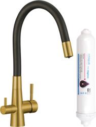 Laveo Riveco, magas mosogatócsaptelep flexibilis kifolyóval és ivóvízszűrővel, matt fekete-arany matt, LAV-BRIBG68D (LAV-BRIBG68D)