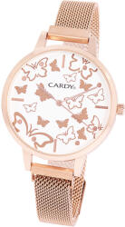 Cardy női karóra, rózsaarany színű fémtok, rózsaarany színű acél karcsat (mesh band), fehér pillangós számlap, quartz szerkezet, cseppmentes vízállóság (2666-0)