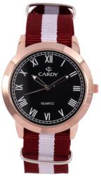 Cardy férfi karóra, rózsaarany színű fémtok, bordó / fehér textilszövet szíj, fekete számlap, quartz szerkezet, cseppmentes vízállóság (2633-0)