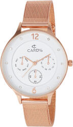 Cardy női karóra, rózsaarany színű fémtok, rózsaarany színű acél karcsat (mesh band), fehér színű számlap, quartz szerkezet, cseppmentes vízállóság (2661-4)