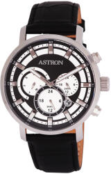 ASTRON 8010-1 divatos sportos férfi karóra, ezüst színű nemesacél tok, fekete bőrszíj, fekete számlap, keményített ásványüveg, multifunkciós quartz szerkezet, 50 m (5 ATM) vízállóság (8010-1) - oranagykeresk