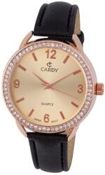 Cardy női karóra, rózsaarany színű tok kő díszítéssel, fekete színű szíj, bronz színű számlap, quartz szerkezet, cseppmentes vízállóság (2641-0)