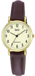 Q&Q női karóra, arany színű fémtok, sárga színű számlap, barna színű bőrszíj C66A-001PY (4214-0)