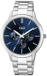 Q&Q férfi fémcsatos karóra, quartz, ezüst színű fémtok, ezüst színű acél karcsat, kék színű számlap, multifunkciós, A01A-002PY (4065-5)