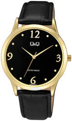 Q&Q férfi karóra, quartz, arany színű fémtok, fekete színű számlap, fekete színű bőrszíj, C08A-018PY (4091-9)
