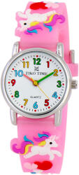 TIKO TIME karóra gyerekeknek, ezüst színű fémtok, quartz szerkezet, 3D figurás rózsaszínű műanyag szíj, fehér arab számos számlap, cseppmentes vízállóság (lovas) (7469-8)