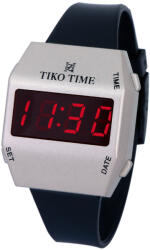 TIKO TIME férfi karóra, LED-es, ezüst színű műanyag tok, fekete színű műanyag szíj, quartz szerkezet, cseppmentes vízállóság (7527-2)