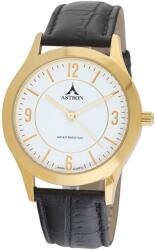 ASTRON 5566-0 férfi karóra, arany színű nemesacél tok, fekete bőrszíj, fehér számlap, keményített ásványüveg, quartz szerkezet, cseppmentes vízállóság (5566-0) - oranagykereskedes