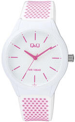 Q&Q női karóra, quartz, fehér színű műanyag tok, fehér színű számlap, fehér színű rózsaszínes pöttyös műanyag szíj, VR28J032Y (4083-8)