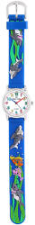 TIKO TIME karóra gyerekeknek, ezüst színű fémtok, quartz szerkezet, fehér arab színű számlap, 3D figurás kék színű műanyag szíj, cseppmentes vízállóság (cápás) (7471-4)