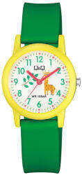 Q&Q gyerek karóra, quartz, sárga színű műanyag tok, zöld színű műanyag szíj, fehér / figurás számlap, V23A-010VY (4074-9)