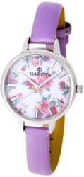 Cardy női karóra, ezüst színű fémtok, lila színű szíj, virágos mintás számlap, quartz szerkezet, cseppmentes vízállóság (2658-1)