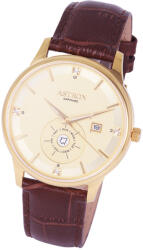 ASTRON 8001-9 klasszikus férfi karóra, arany színű nemesacél tok, barna bőrszíj, arany színű számlap, karcmentes zafírüveg, quartz szerkezet, cseppmentes vízállóság (8001-9) - oranagykereskedes