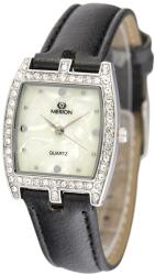 Merion női karóra, ezüst színű fém tok, fekete színű bőrszíj, gyöngyház színű számlap, ásványüveg, quartz szerkezet, cseppmentesség (3163-7)